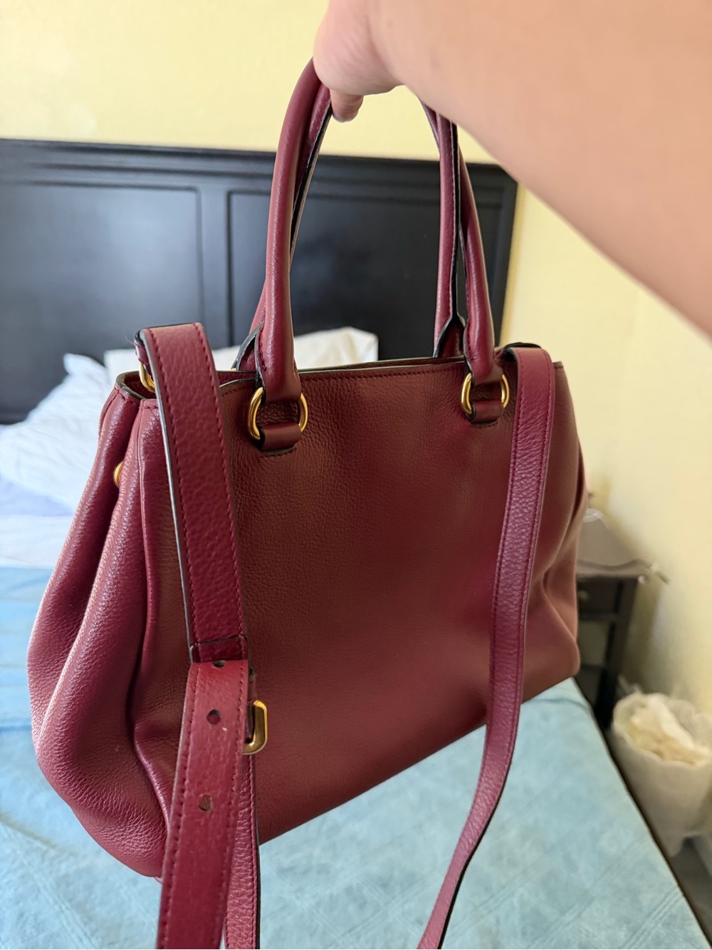 Prada Burgundy Leather Shoulder Tote with Gold Hardware - Picture 3 of 8